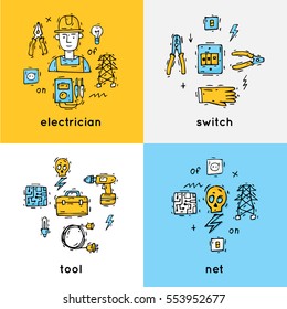 Professional electrician. Electricity, energy engineering. Horizontal banners hand drawn in vintage style. Flat design vector illustration.