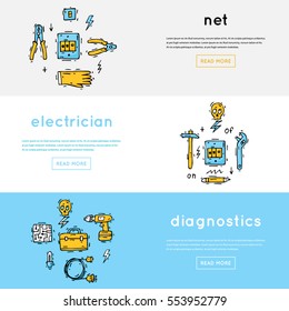 Professional electrician. Electricity, energy, engineering. Horizontal banners. Hand drawn vintage style. Flat design vector illustration.