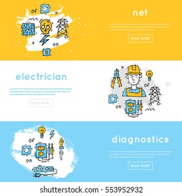 Professional electrician. Electricity, energy, engineering. Horizontal banners. Hand drawn vintage style. Flat design vector illustration.