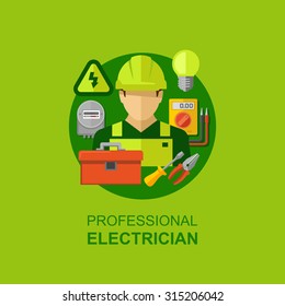 Professional electrician with electricity tools and equipment flat icons vector illustration 