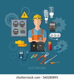 electricista profesional con herramientas eléctricas ilustración vectorial plana