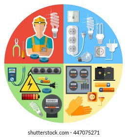 Professional electrician with electricity tools vector illustration 