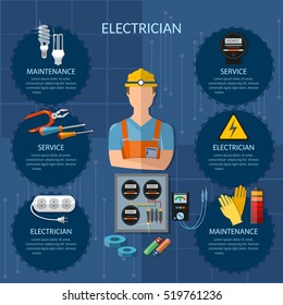 Professional electrician infographics electricity tools installation and repair electrical equipment installation of electric meter vector illustration 