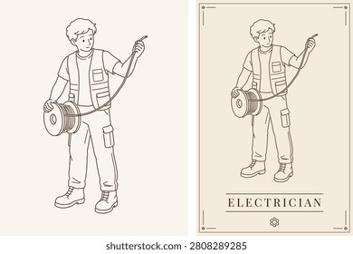 Professional electrician inspecting electrical cable spool in clean outline illustration