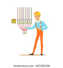 Professional electrician man character checking electrical equipment, electrical works vector Illustration