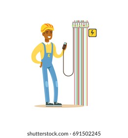 Professional electrician man character measuring the voltage output in fuse box, electrical works vector Illustration