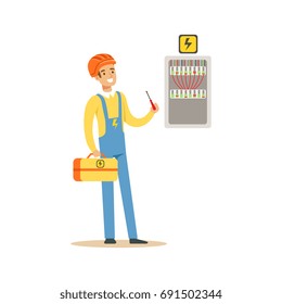 Professional electrician man character screwing equipment in fuse box, electric man perforrming electrical works vector Illustration