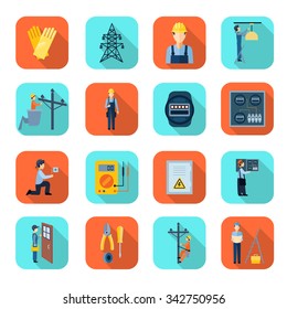 Professional electrician man fixing problems flat icons collection with high voltage wire pylon abstract isolated vector illustration