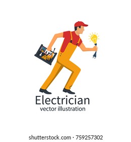 Professional electrician. Electrician with the toolbox is running for service. Equipment tools and a light bulb with plug in hand. Vector illustration flat design. Isolated on white background.