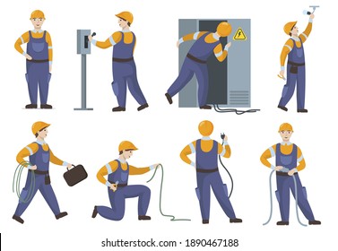 Professional electrician in uniform repairing electric elements flat set. Cartoon technician checking light and cable isolated vector illustration collection. Repair service and construction concept