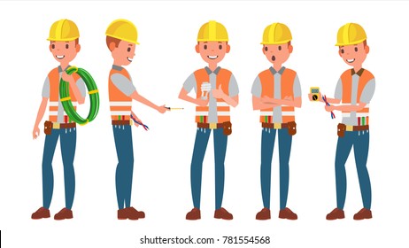 Professional Electrician Vector. Different Poses. Performing Electrical Work. Isolated On White Cartoon Character Illustration
