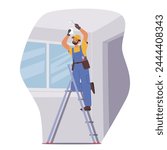 Professional Electrician Worker Character Installs A Ceiling Lamp At Home, Ensuring Proper Wiring And Fixture Placement For Optimal Illumination And Safety. Cartoon People Vector Illustration