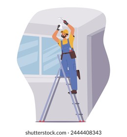 Professional Electrician Worker Character Installs A Ceiling Lamp At Home, Ensuring Proper Wiring And Fixture Placement For Optimal Illumination And Safety. Cartoon People Vector Illustration