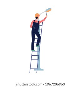 Professional electrician worker doing electric works. Technician standing on stairs performs street lamp maintenance service. Flat cartoon vector illustration isolated on white