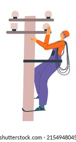 Professional Electrician Worker Wearing Protective Clothing And Helmet Rising Up On Concrete Pillar To Maintain And Fix Electrical Bulbs. Isolated Worker With Wires And Cables. Vector In Flat Style