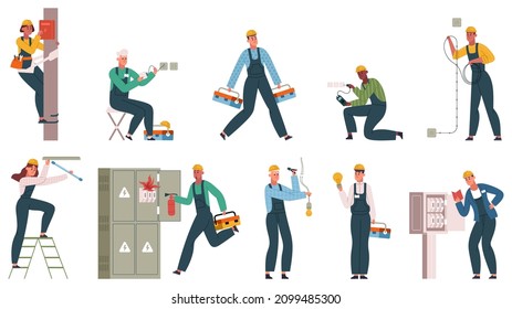 Professional Electrician Workers In Uniform Service Electrical Grid. Electricians Service Power Grids, Changing Lamp Bulb Vector Illustration Set. Electricians Workers Scenes. Repairing Light, Socket