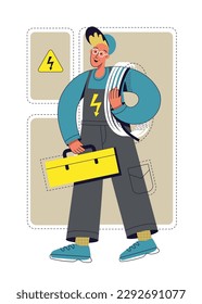 Professional electrician working with electrical work tools. Technicians services, professional man in uniform. Vector illustration
