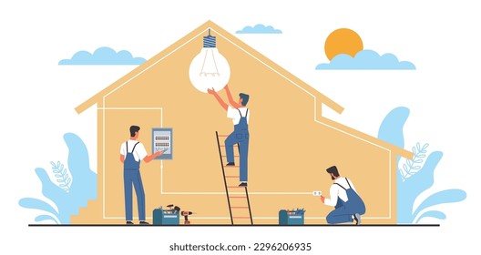 Professional electricians install electrical switchboard, socket and make lighting in house. Technical workmen in uniform fix wires, repairing electrical panel. Cartoon flat vector concept