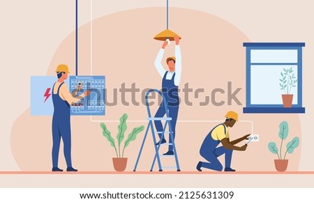 Professional electricians at work abstract concept. Men in uniforms and helmets install sockets, design wiring, screw light bulb and equip electric shield. Cartoon modern flat vector illustration
