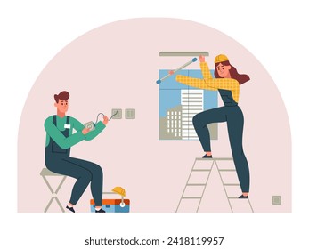 Professional electricians workers do necessary electrical installation. Vector of electrician worker, professional man, job repair illustration