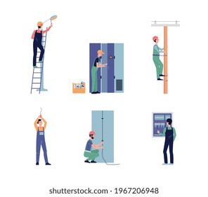 Professional electricians workers perform electric works. Technician service staff with tools change light bulb, repair power line, check electrical switchboard. Vector illustration