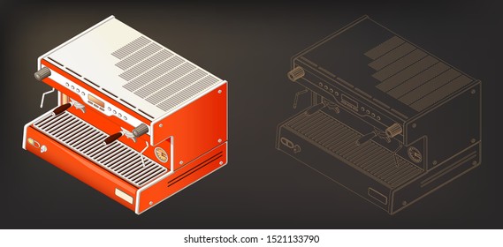 Professional electronic coffee maker for cafes and bars isometric vector illustration with color and monochrome version. It is used in bars, coffee houses and restaurants. Coffee shop machine 3d.