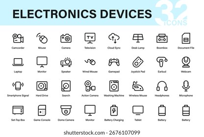 Paquete de iconos de línea de dispositivos electrónicos de Profesional. Colección de Vector de contorno moderno de ilustraciones de gadgets de computadora, móviles y de alta tecnología