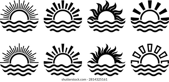 A professional and elegant collection of 8 sun and sea wave silhouette vector illustrations. This premium high-contrast pack features a variety of minimalist black shapes representing the rising or setting sun paired with dynamic ocean wave ripples. The design showcases distinct sun ray styles including fine needle rays, bold geometric blocks, wavy flame-like flares, and hollow outlines. Perfect for creating custom beachwear apparel prints, summer resort logos, nautical-themed tattoo artwork, eco-friendly travel posters, and maritime business emblems. Clean monochrome vector art easily scalable and isolated on a white background.