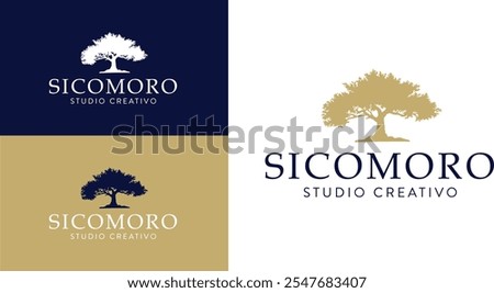 professional and elegant logo inspired by a stylized sycamore tree. Include three main variations, in a smaller, minimalist font.