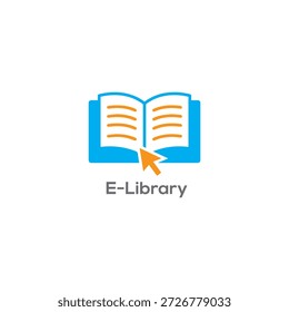 Professionelles E-Library-Logo-Symbol mit einem offenen blauen Buch mit orangefarbenen Linien und einem Cursor für digitales Online-Lernen.

