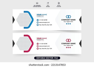 Professional email signature design with blue and maroon colors. Minimal email signature template vector for author's social media cover. Creative email footer decoration with geometric shapes.