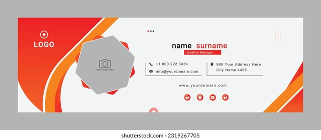 professional email signature template vector with photo place, white background horizontal custom mail, orange shape design for company or business