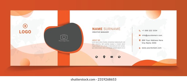 professional email signature template vector with photo place, white background custom mail, orange shape design for company, business 