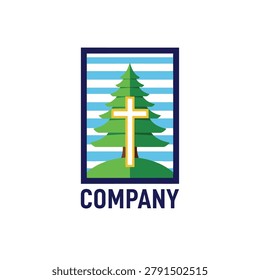 Professional emblem featuring a green pine tree on a hill with a golden cross. Suitable for churches, religious retreats, or faith-based outdoor ministries.