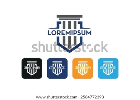 Professional emblem-style logo featuring a shield, column, and bold typography, ideal for corporate branding, law firms, consulting agencies, available in multiple color variations.