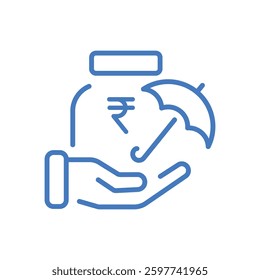 Professional Emergency Fund Icon Savings Jar Shield Rupee Symbol Piggy Bank Umbrella Hand Monochrome