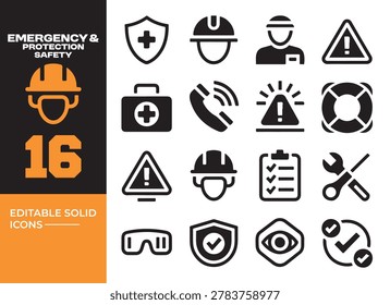 Professional emergency and safety protection solid icons designed for workplace security healthcare warning and rescue related applications