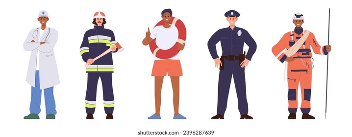 Professional emergency services as firefighter, police officer, lifesaver, doctor, electrician set