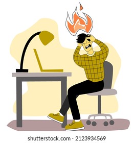 Professional and emotional burnout concept. Exhausted office worker sitting at the computer holding his head. Vector illustration of mental health 