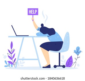 Professional and emotional burnout syndrome. Exhausted male manager sitting at the office. Hard work. Modern flat style, vector illustration. Isolated on white background