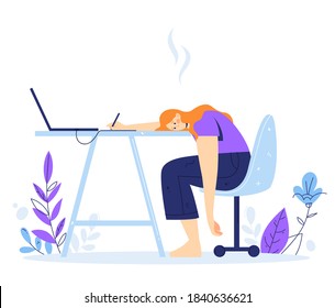 Professional and emotional burnout syndrome. Exhausted male manager sitting at the office. Hard work. Modern flat style, vector illustration. Isolated on white background