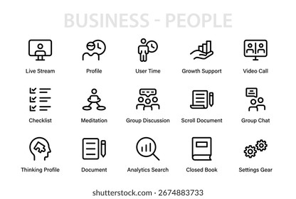 Conjunto de íconos de línea de empleados de Profesional, gente de negocios moderna y recursos humanos describen la colección con un estilo de Vector mínimo simple para conceptos de recursos humanos