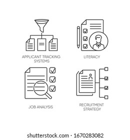 Professional employment pixel perfect linear icons set. Applicant tracking system and job analysis customizable thin line contour symbols. Isolated vector outline illustrations. Editable stroke
