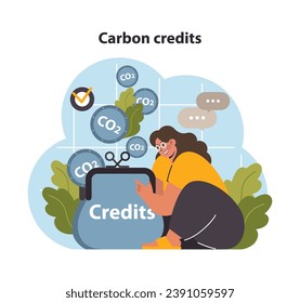 Professional engaging in carbon credits. Woman calculates CO2 levels while surrounded by eco symbols and green foliage. Promoting sustainable practices. Flat vector illustration.
