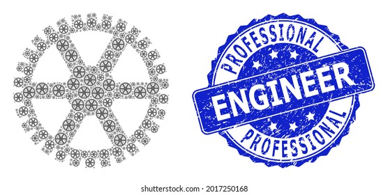 Professional Engineer grunge round seal and vector fractal collage clock gearwheel. Blue stamp seal contains Professional Engineer tag inside round shape.