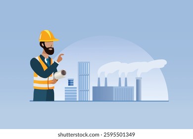 Professional Engineer holding blueprint inspecting and monitoring industry factory plant. Vector.