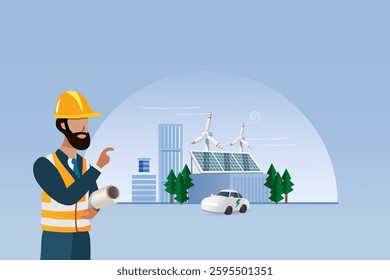 Professional Engineer holding blueprint inspecting green industrial factory plant using solar panels, wind turbines and EV car. Responsible business using smart technology for sustainable environment.