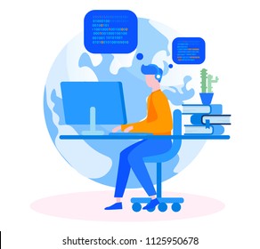 Professional engineer Programmer at work Concept for web page, banner, presentation, social media, documents, cards, posters. Vector illustration Web developer works on laptop,  idea, team work, code