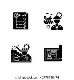 Profesional para ingeniería proyecta iconos de glifos negros establecidos en el espacio blanco. Plan de gastos. Ingeniero marino. Trabajador de la minería. Plan para el proyecto. Símbolos de silueta. Ilustración aislada del vector