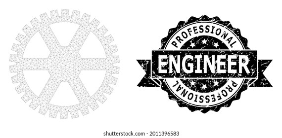 Professional Engineer rubber seal print and vector clock gearwheel mesh model. Black stamp seal has Professional Engineer tag inside ribbon and rosette. Abstract flat mesh clock gearwheel,